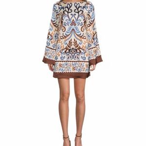 Skies are Blue Border Printed Boat Neck Long Bell Sleeve Mini Dress